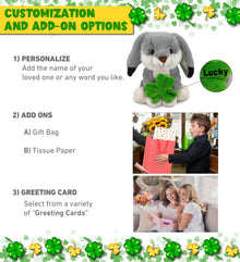DolliBu Super Soft Grey Rabbit Stuffed Animal with Green Plush Shamrock, 7 Inch