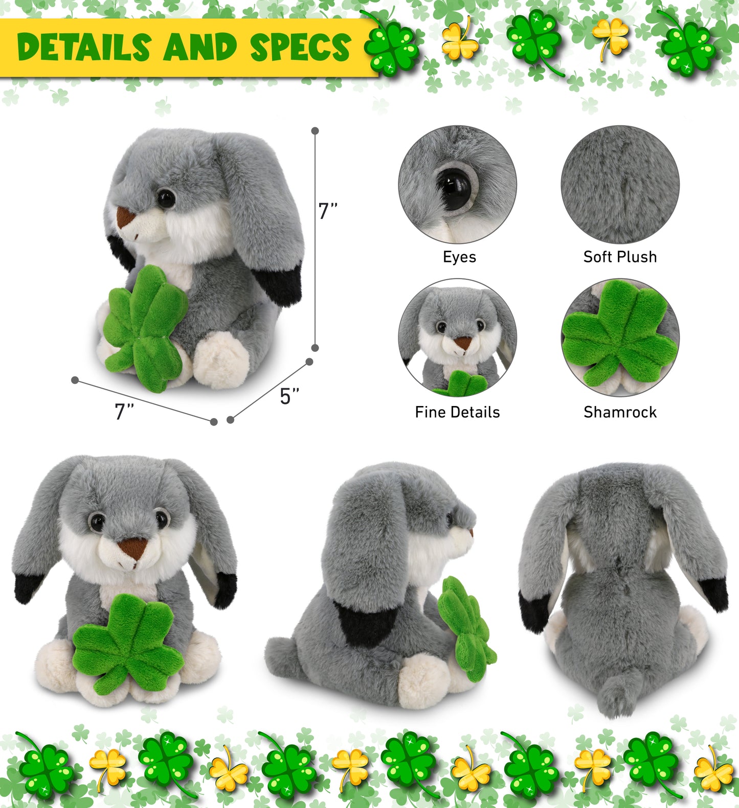 DolliBu Super Soft Grey Rabbit Stuffed Animal with Green Plush Shamrock, 7 Inch