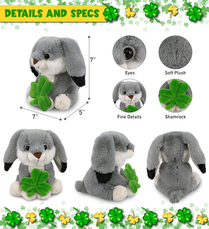 DolliBu Super Soft Grey Rabbit Stuffed Animal with Green Plush Shamrock, 7 Inch