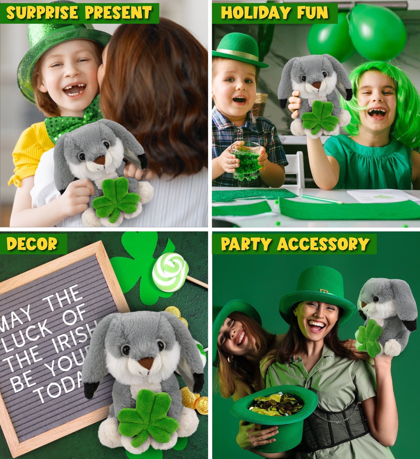 DolliBu Super Soft Grey Rabbit Stuffed Animal with Green Plush Shamrock, 7 Inch