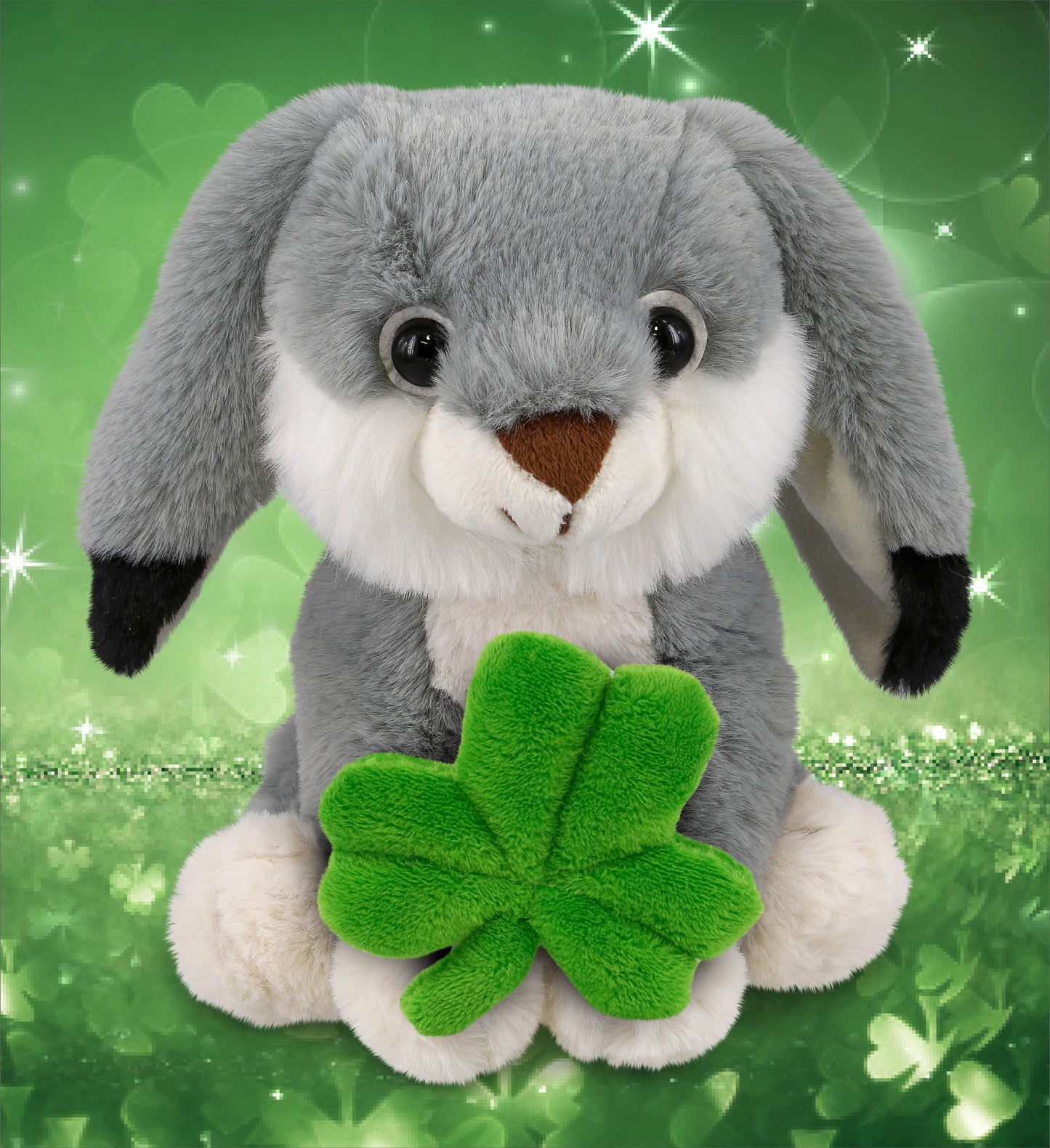 DolliBu Super Soft Grey Rabbit Stuffed Animal with Green Plush Shamrock, 7 Inch
