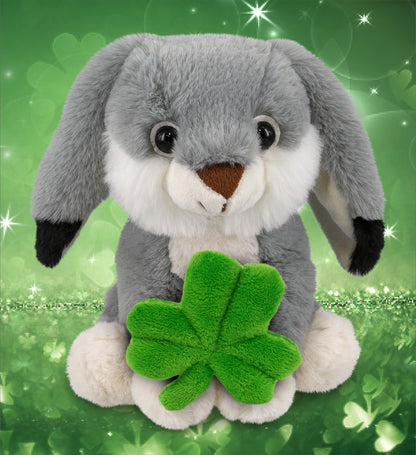 DolliBu Super Soft Grey Rabbit Stuffed Animal with Green Plush Shamrock, 7 Inch
