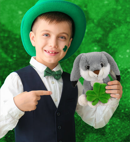 DolliBu Super Soft Grey Rabbit Stuffed Animal with Green Plush Shamrock, 7 Inch