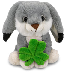 DolliBu Super Soft Grey Rabbit Stuffed Animal with Green Plush Shamrock, 7 Inch