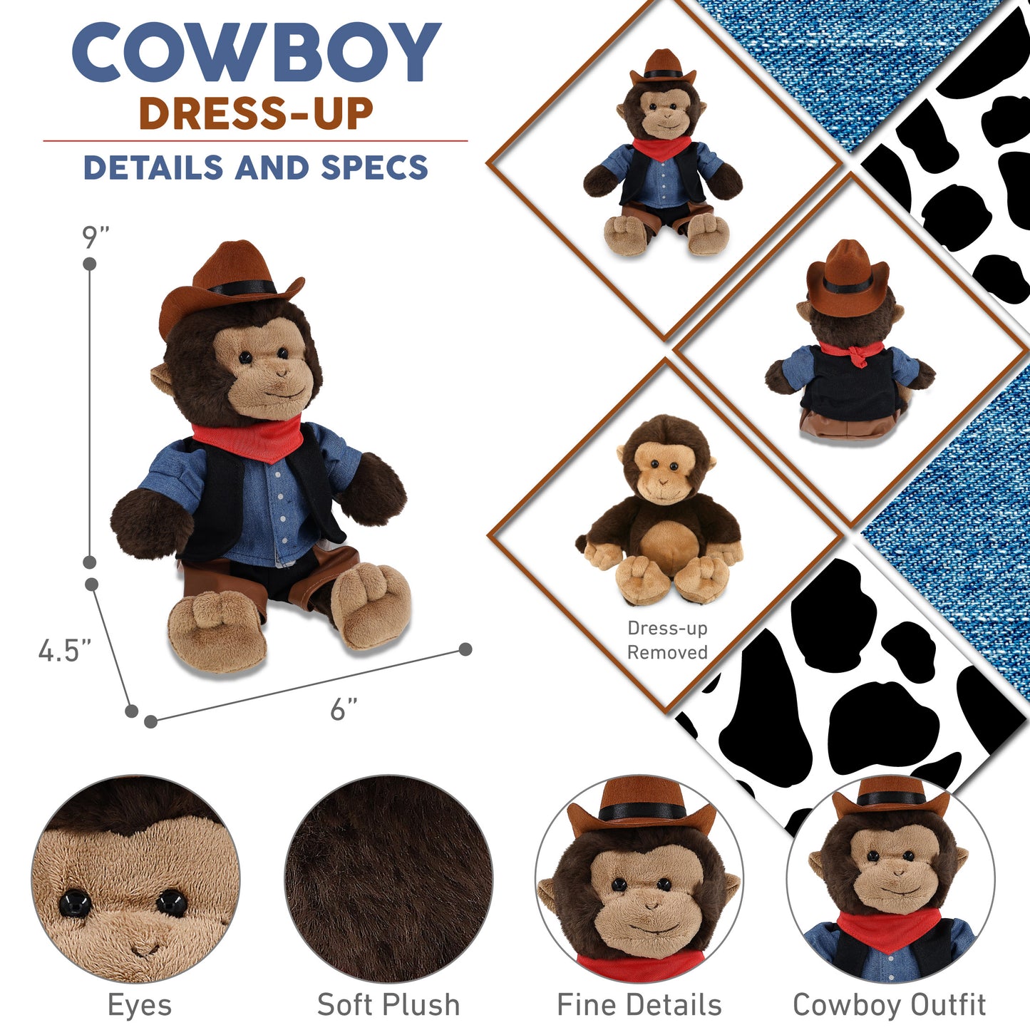 SUPER-SOFT PLUSH - MONKEY 9" COWBOY DRESS UP
