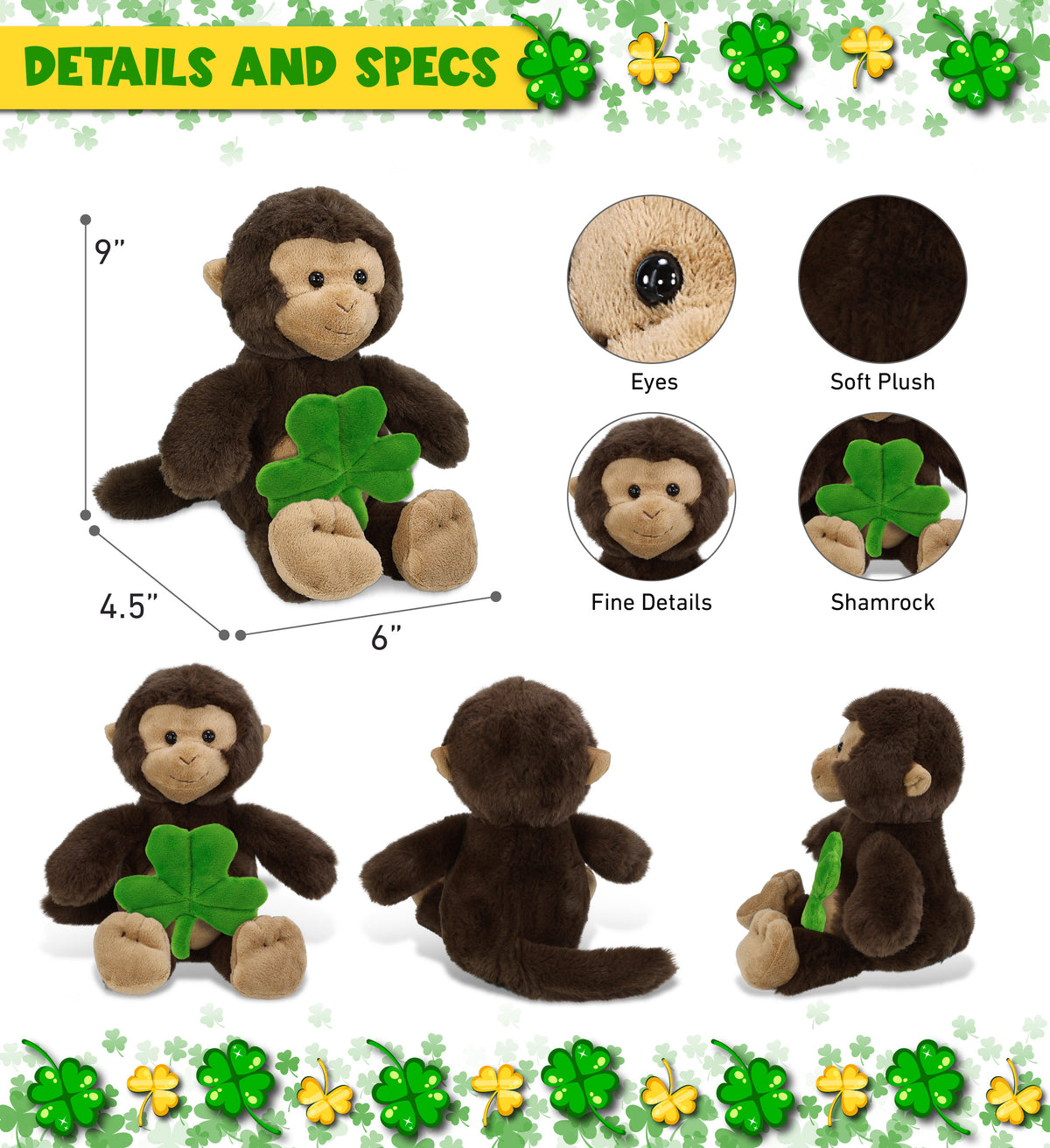 DolliBu Super Soft Monkey Stuffed Animal with Green Plush Shamrock - 9 Inches