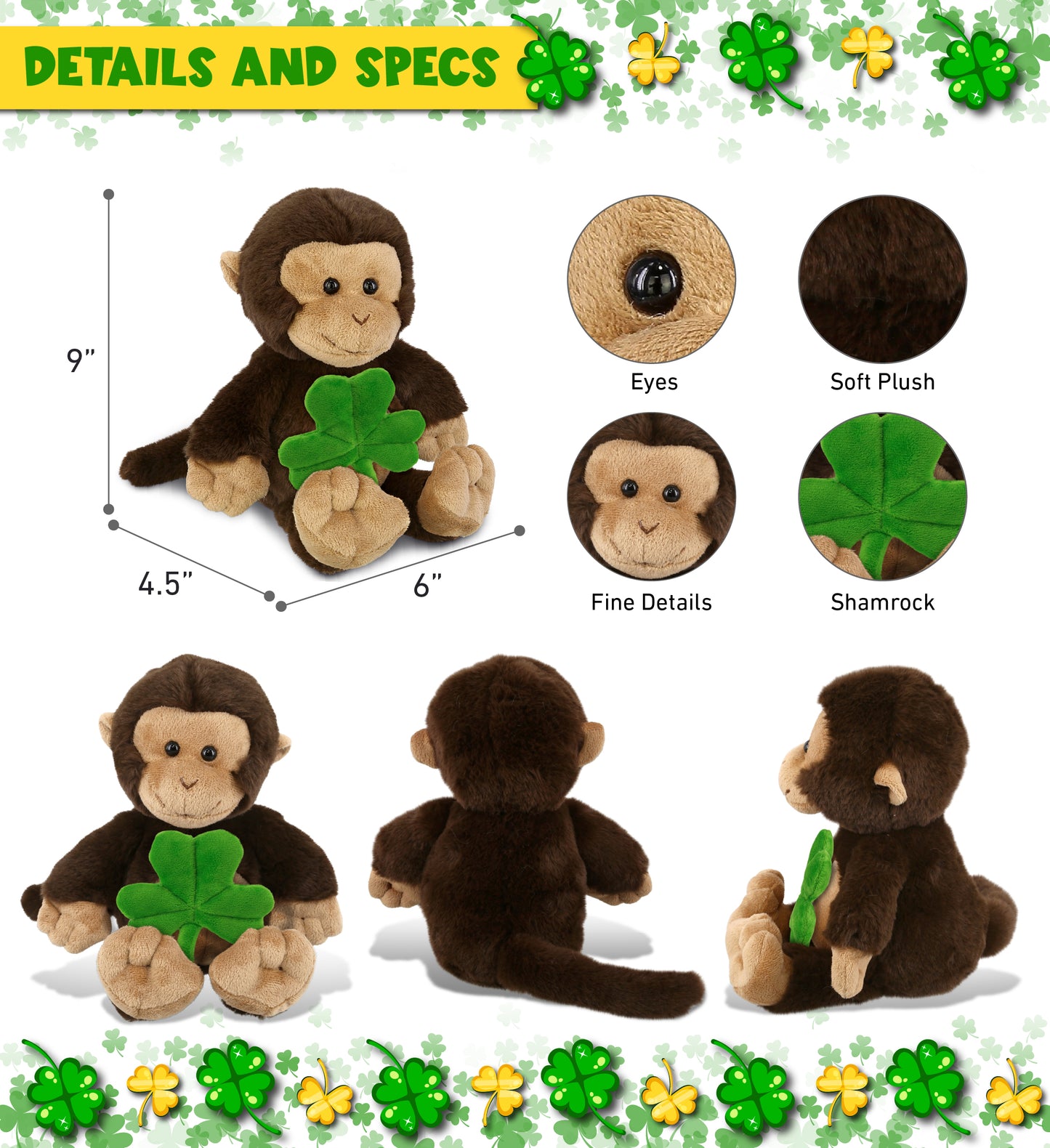 DolliBu Super Soft Monkey Stuffed Animal with Green Plush Shamrock - 9 Inches