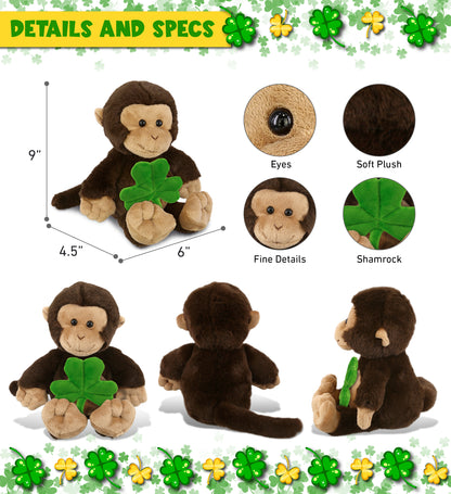 DolliBu Super Soft Monkey Stuffed Animal with Green Plush Shamrock - 9 Inches