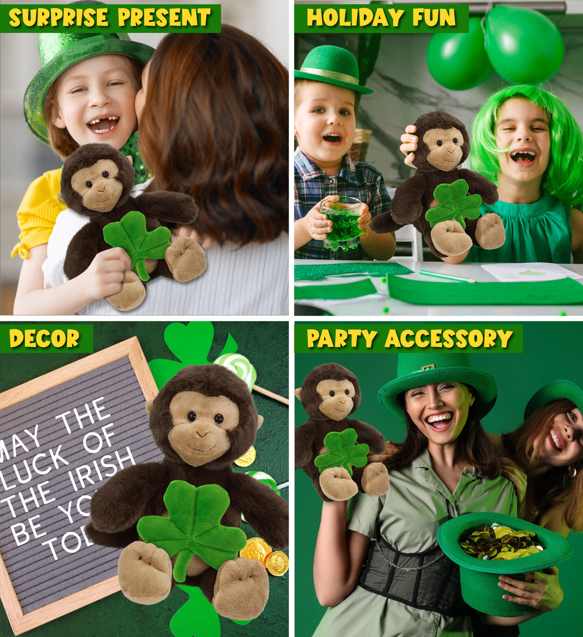 DolliBu Super Soft Monkey Stuffed Animal with Green Plush Shamrock - 9 Inches