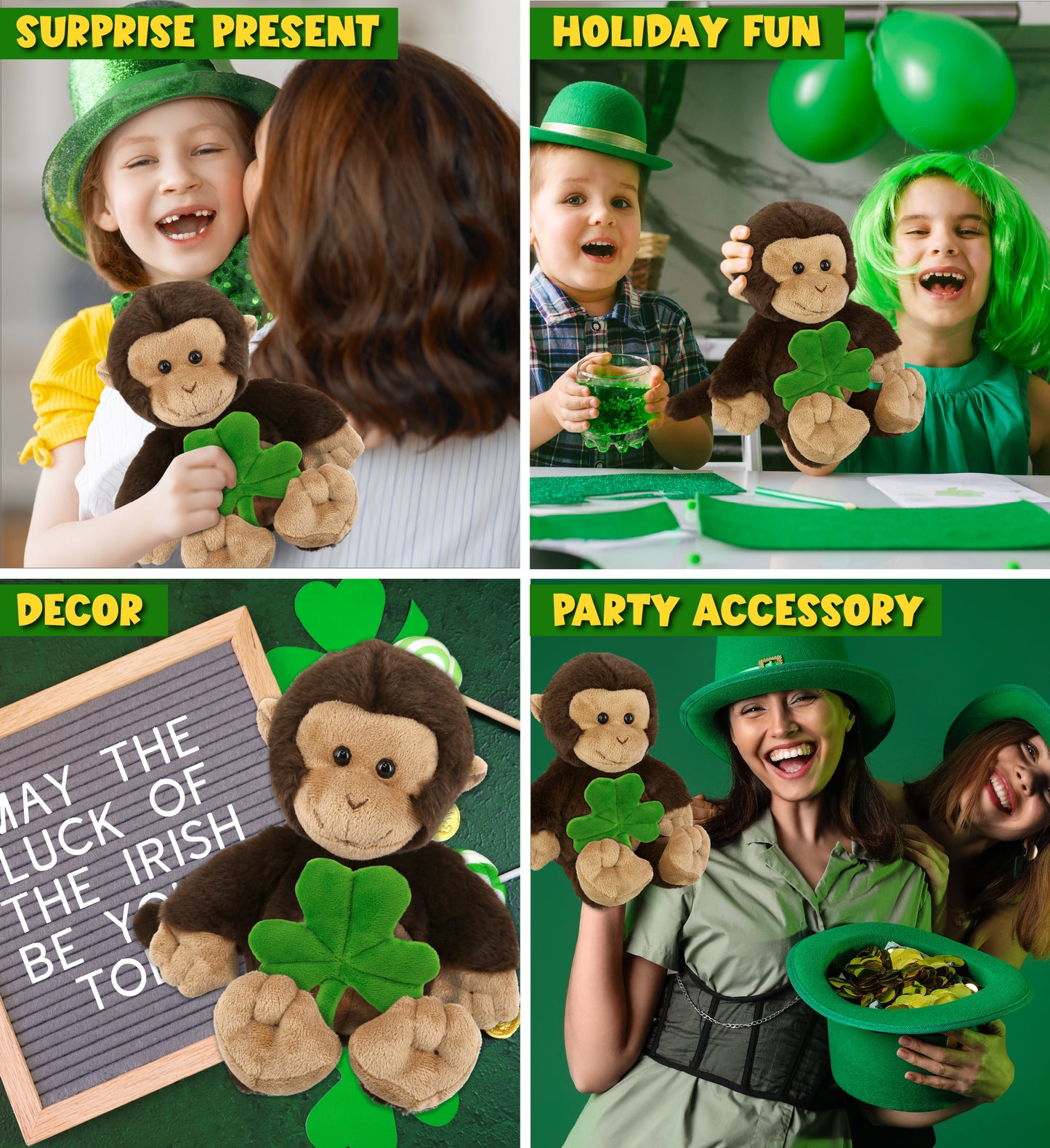 DolliBu Super Soft Monkey Stuffed Animal with Green Plush Shamrock - 9 Inches