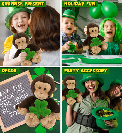 DolliBu Super Soft Monkey Stuffed Animal with Green Plush Shamrock - 9 Inches