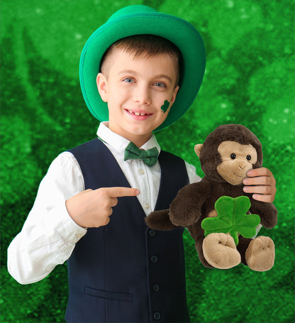 DolliBu Super Soft Monkey Stuffed Animal with Green Plush Shamrock - 9 Inches