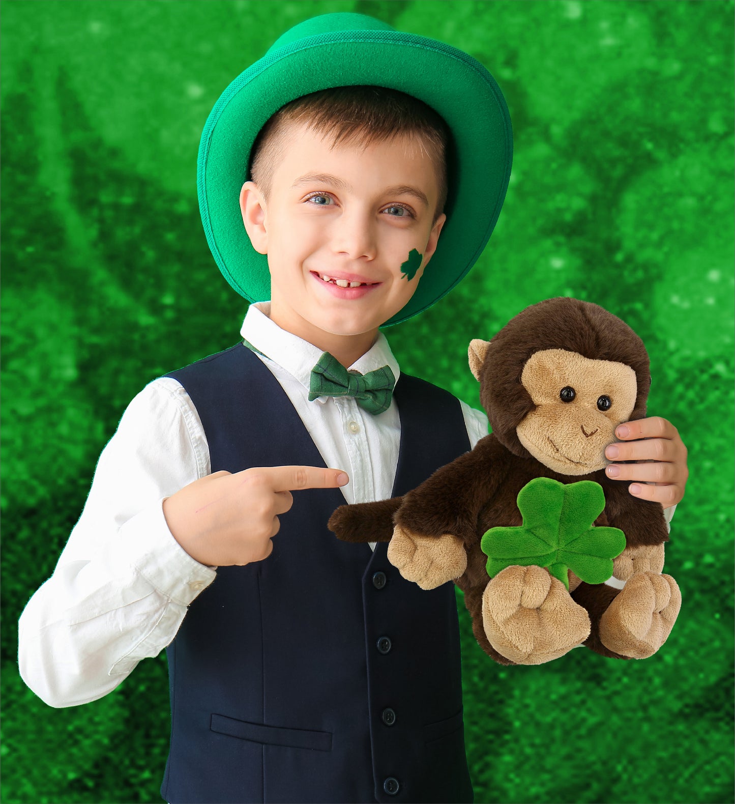 DolliBu Super Soft Monkey Stuffed Animal with Green Plush Shamrock - 9 Inches
