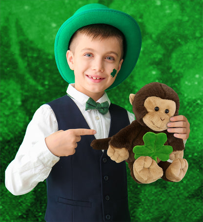 DolliBu Super Soft Monkey Stuffed Animal with Green Plush Shamrock - 9 Inches