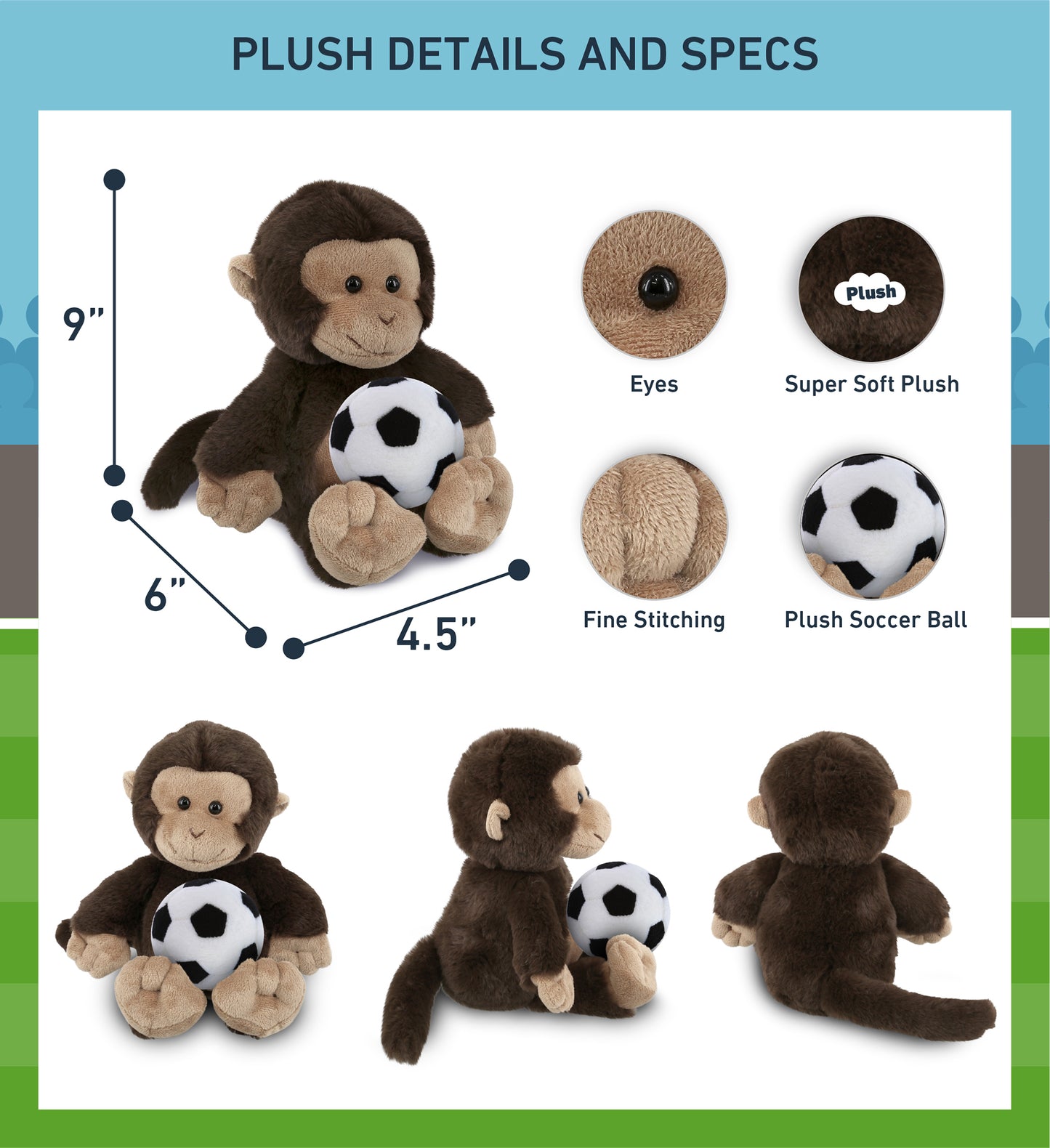 SUPER-SOFT PLUSH - MONKEY 9" WITH SOCCER PLUSH