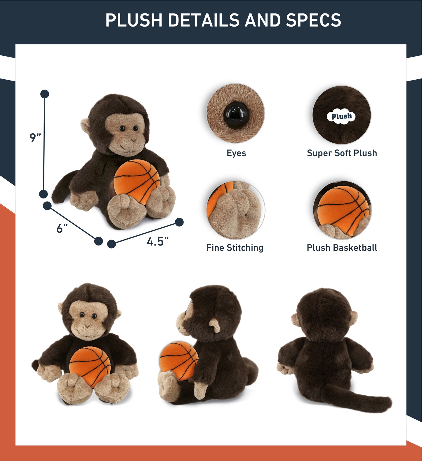 PLUSH BASKETBALL - SUPER-SOFT PLUSH - MONKEY 9"