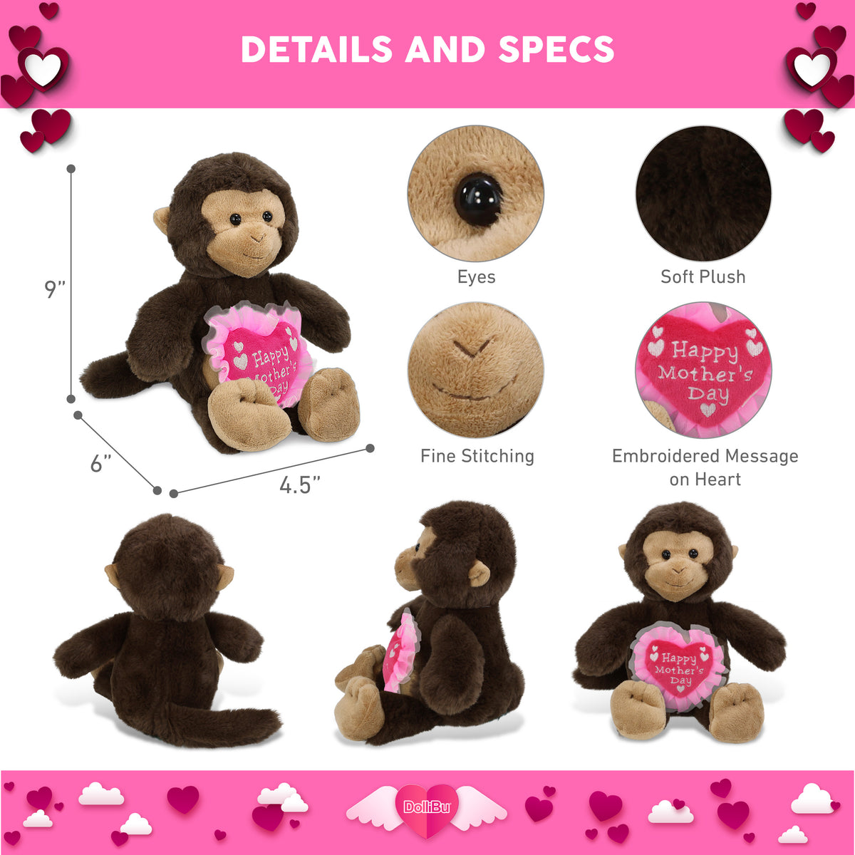 PLUSH MOTHERS DAY HEART - SUPER-SOFT PLUSH - MONKEY 9"