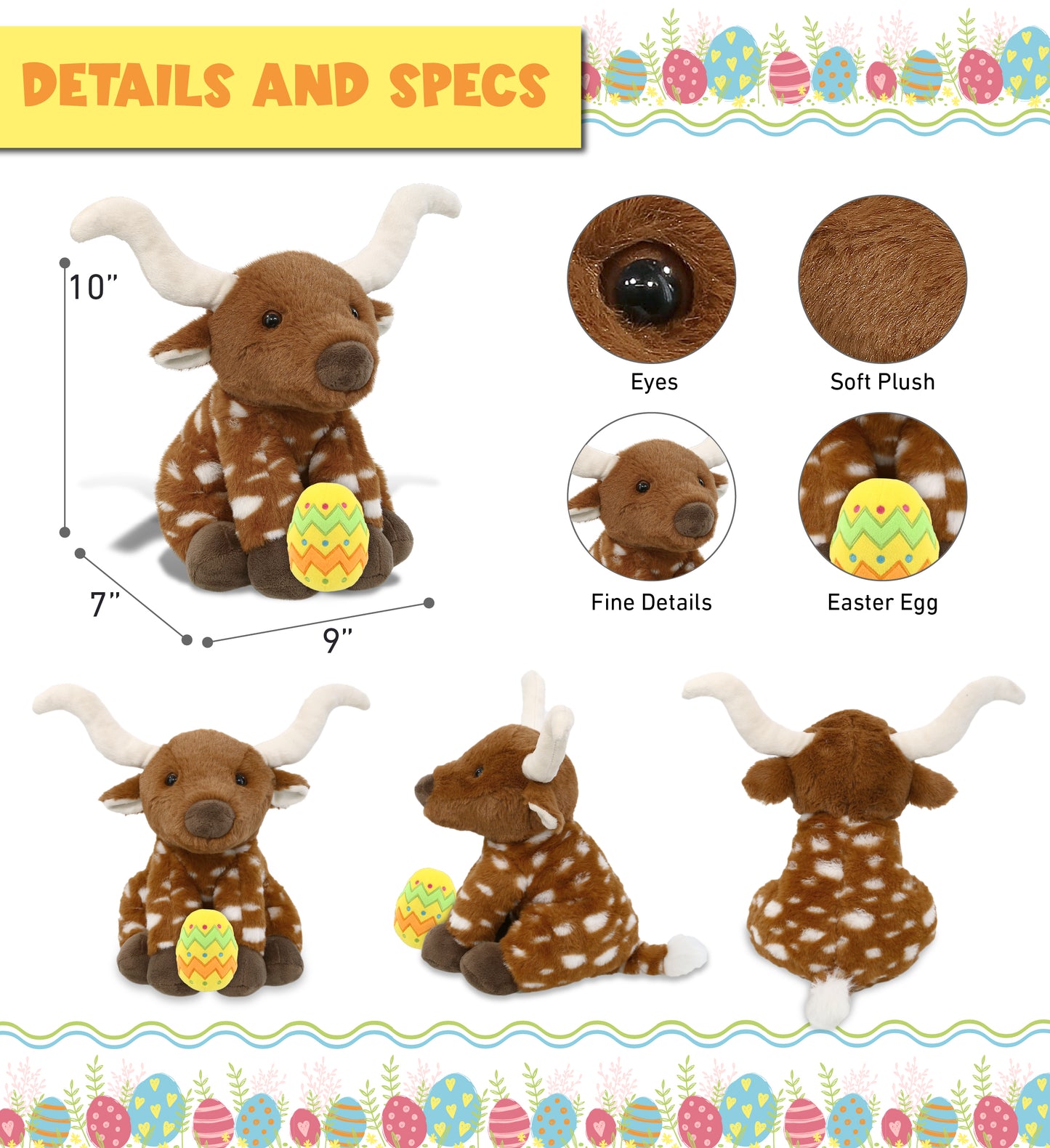 DolliBu Super Soft Floppy Longhorn with Yellow Easter Egg Plush - 10 Inches
