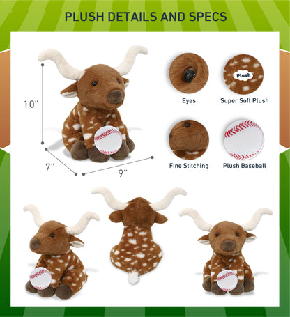SUPER SOFT PLUSH - FLOPPY LONGHORN 10" WITH BASEBALL PLUSH