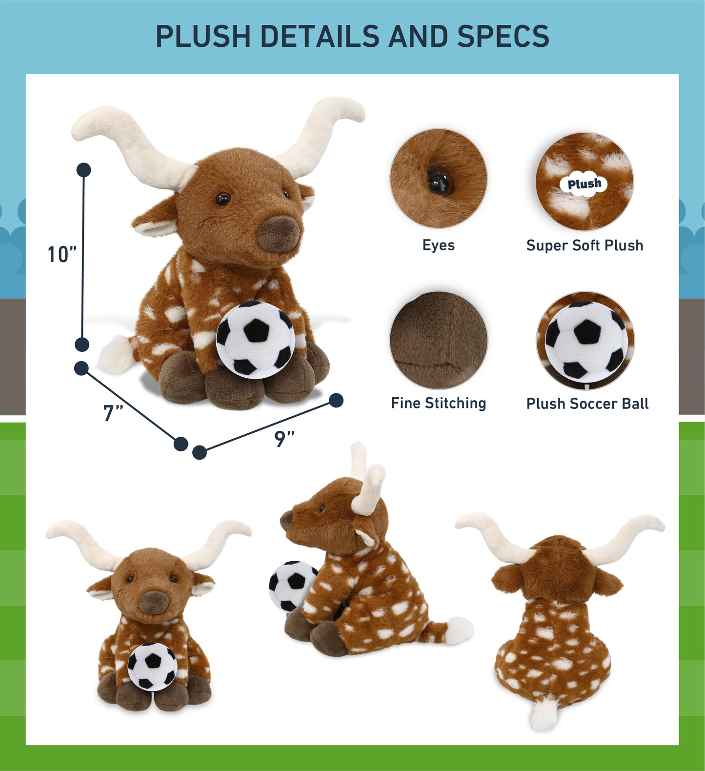 SUPER SOFT PLUSH - FLOPPY LONGHORN 10" WITH SOCCER PLUSH