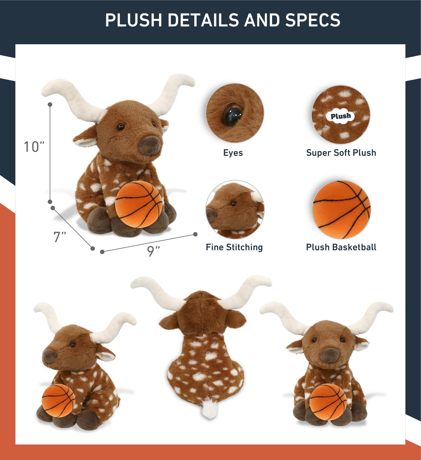 SUPER SOFT PLUSH - FLOPPY LONGHORN 10" WITH BASKETBALL PLUSH