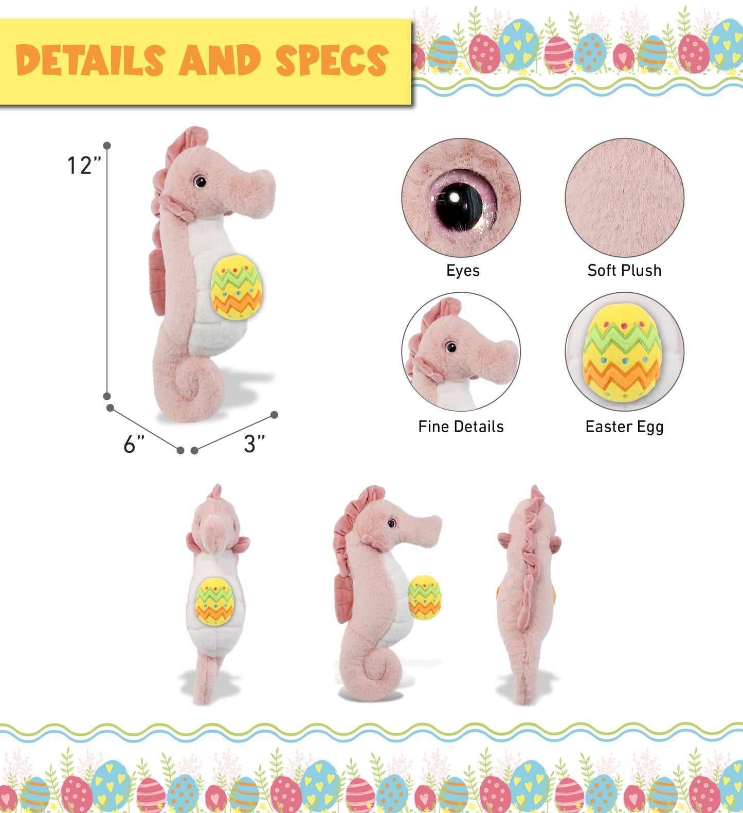 DolliBu Super Soft Cute Rose Seahorse with Yellow Easter Egg Plush - 12 Inches
