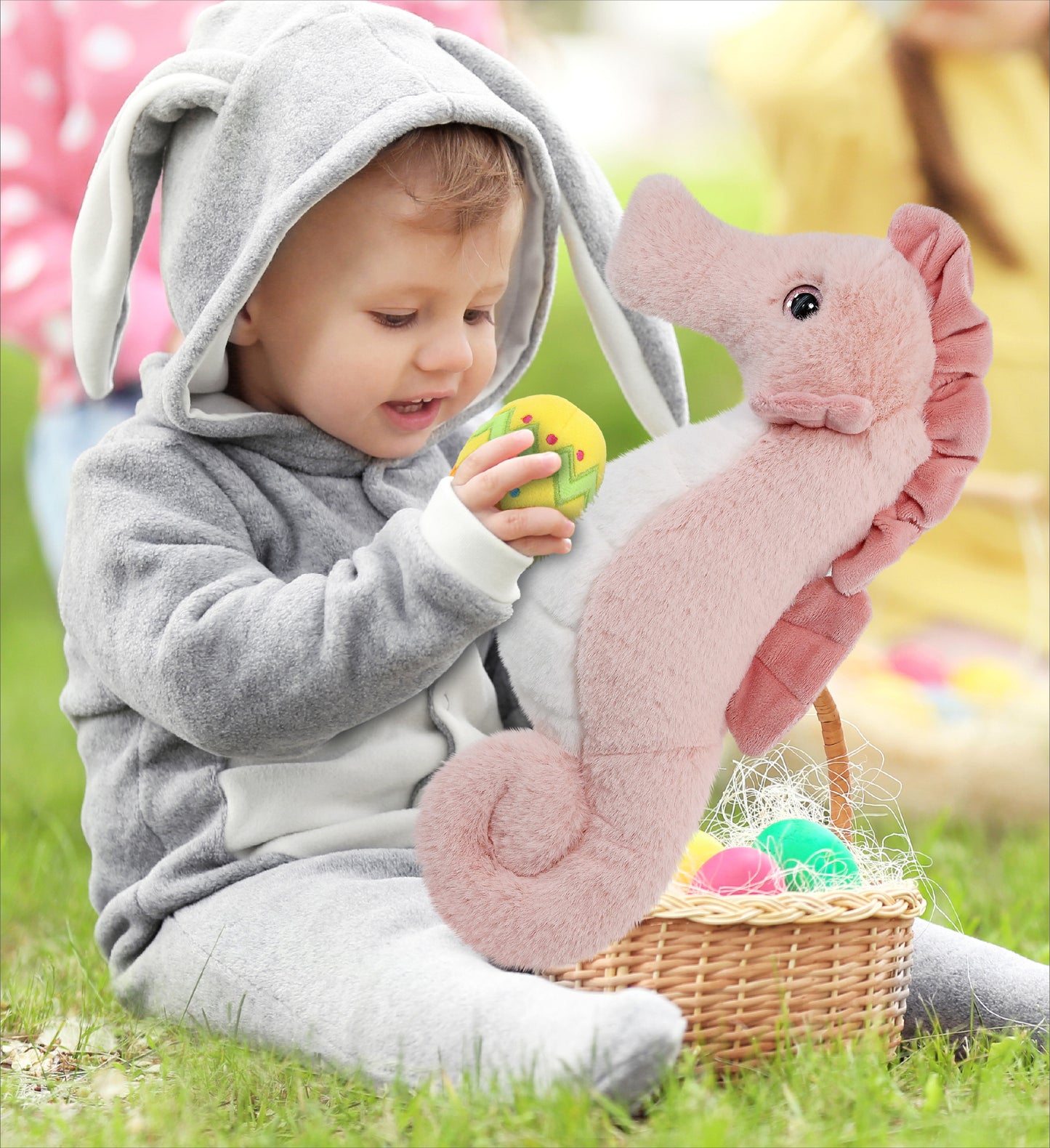 DolliBu Super Soft Cute Rose Seahorse with Yellow Easter Egg Plush - 12 Inches
