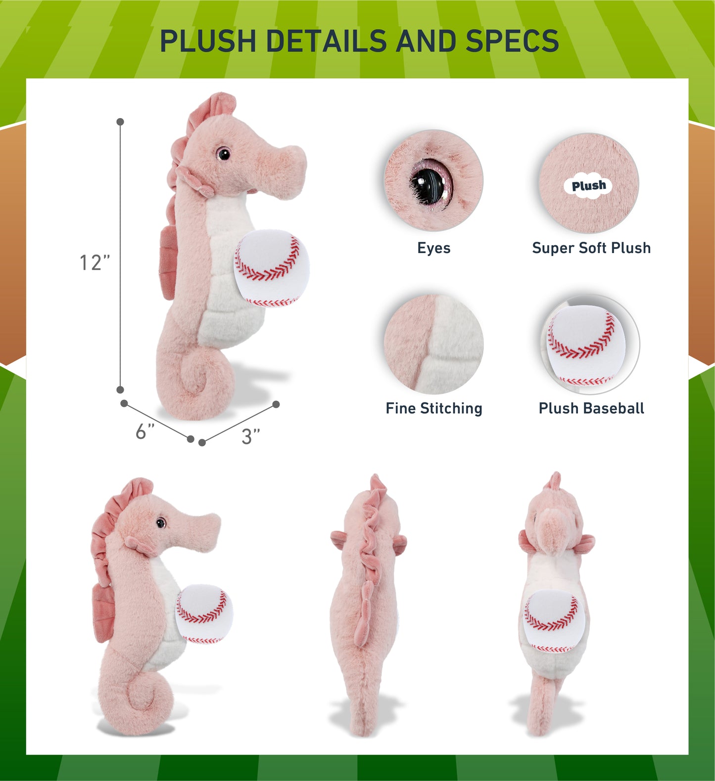 SUPER-SOFT PLUSH - ROSE SEAHORSE 12" WITH BASEBALL PLUSH