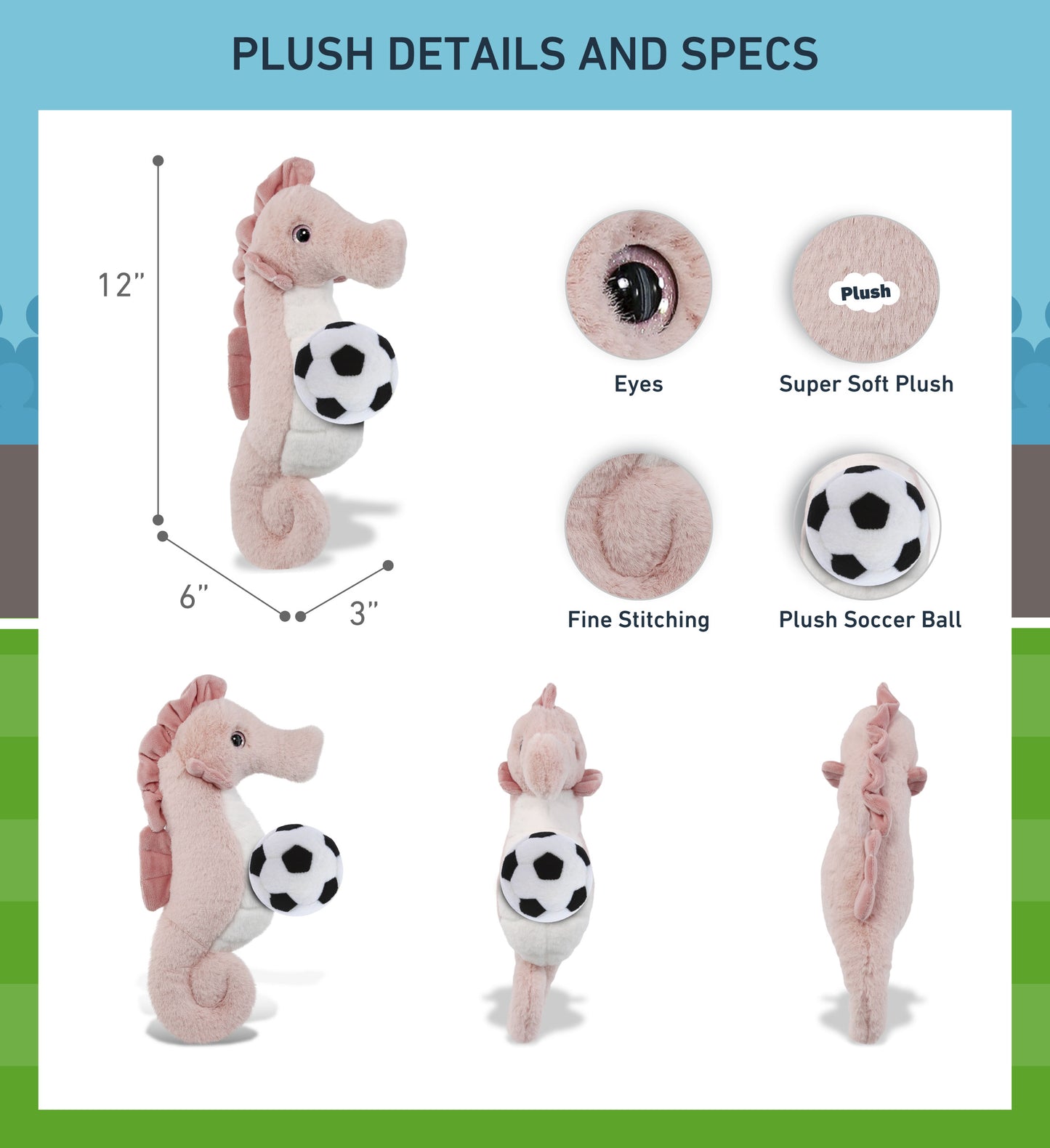 SUPER-SOFT PLUSH - ROSE SEAHORSE 12" WITH SOCCER PLUSH