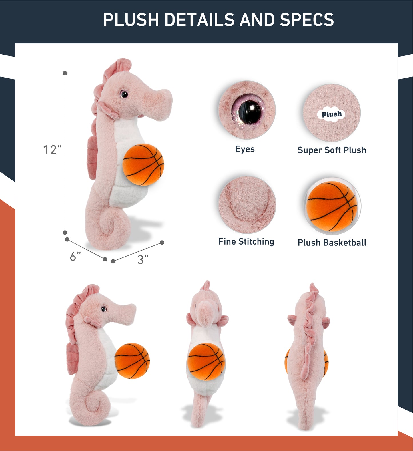 SUPER-SOFT PLUSH - ROSE SEAHORSE 12" WITH BASKETBALL PLUSH
