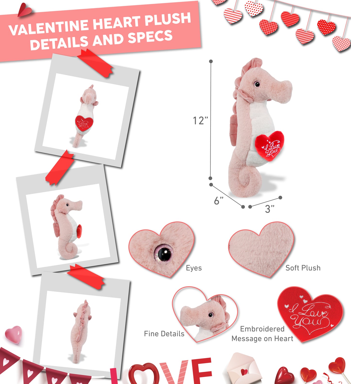 PLUSH I LOVE YOU RED HEART - SUPER-SOFT PLUSH - ROSE SEAHORSE 12"