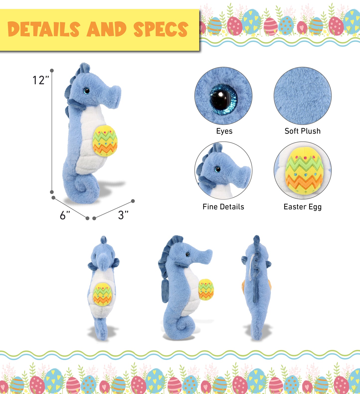 DolliBu Super Soft Cute Blue Seahorse with Yellow Easter Egg Plush - 12 Inches