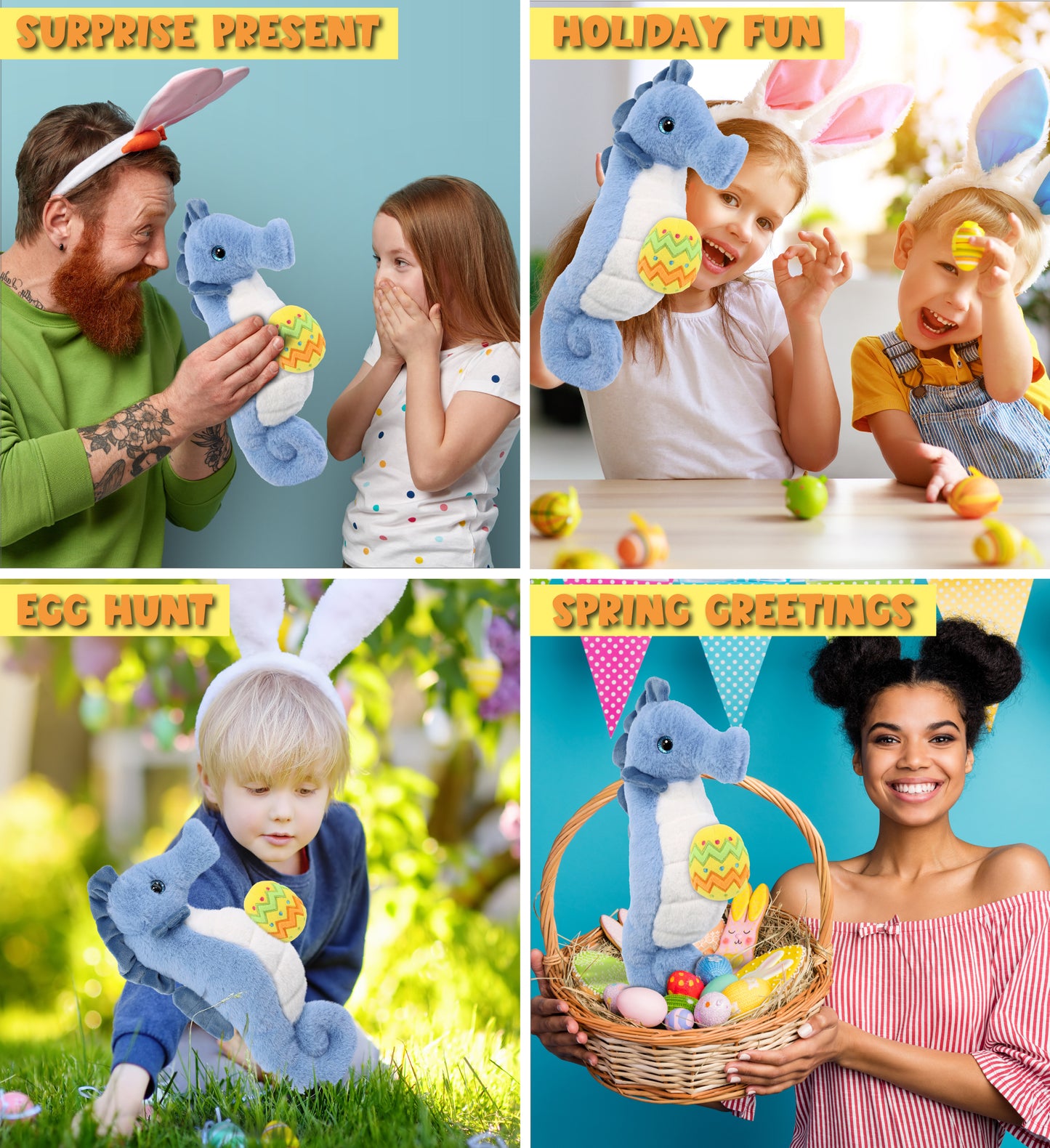 DolliBu Super Soft Cute Blue Seahorse with Yellow Easter Egg Plush - 12 Inches