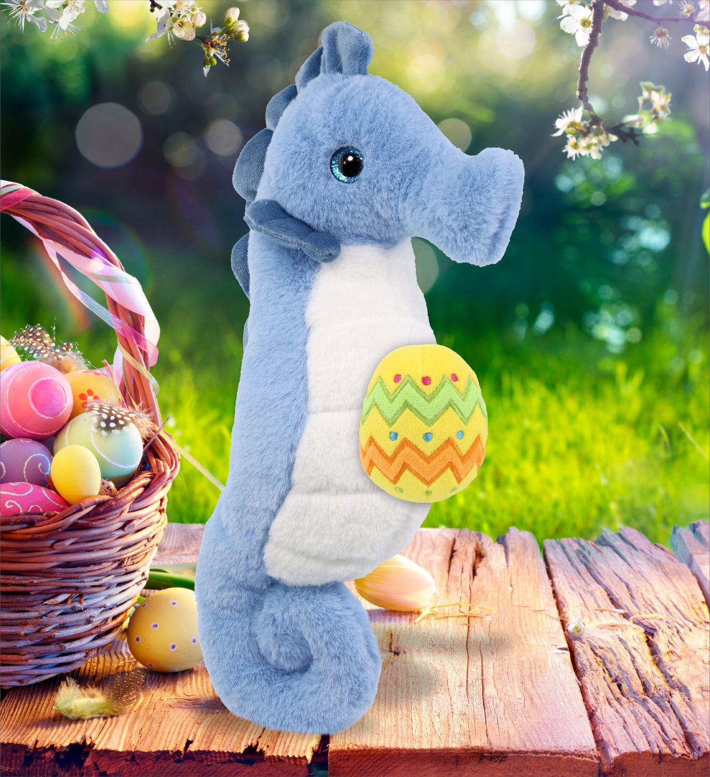 DolliBu Super Soft Cute Blue Seahorse with Yellow Easter Egg Plush - 12 Inches