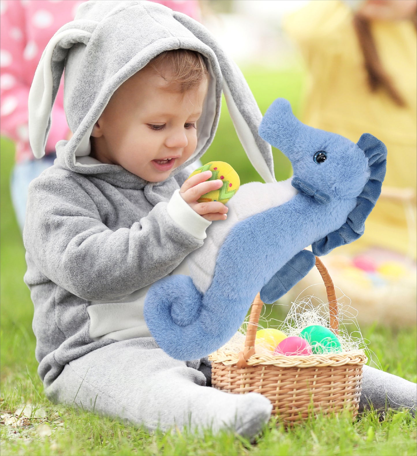 DolliBu Super Soft Cute Blue Seahorse with Yellow Easter Egg Plush - 12 Inches