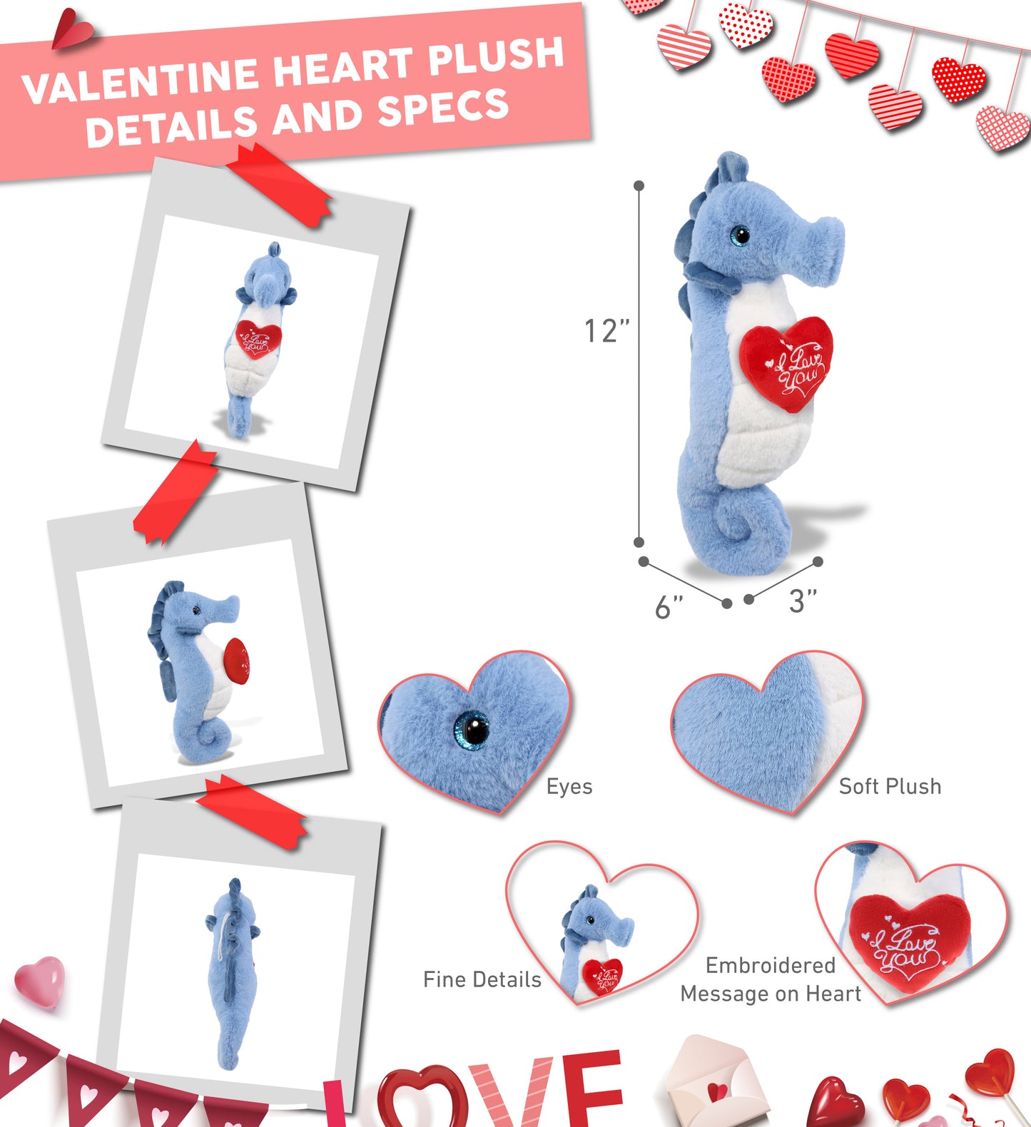 PLUSH I LOVE YOU RED HEART - SUPER-SOFT PLUSH - BLUE SEAHORSE 12"