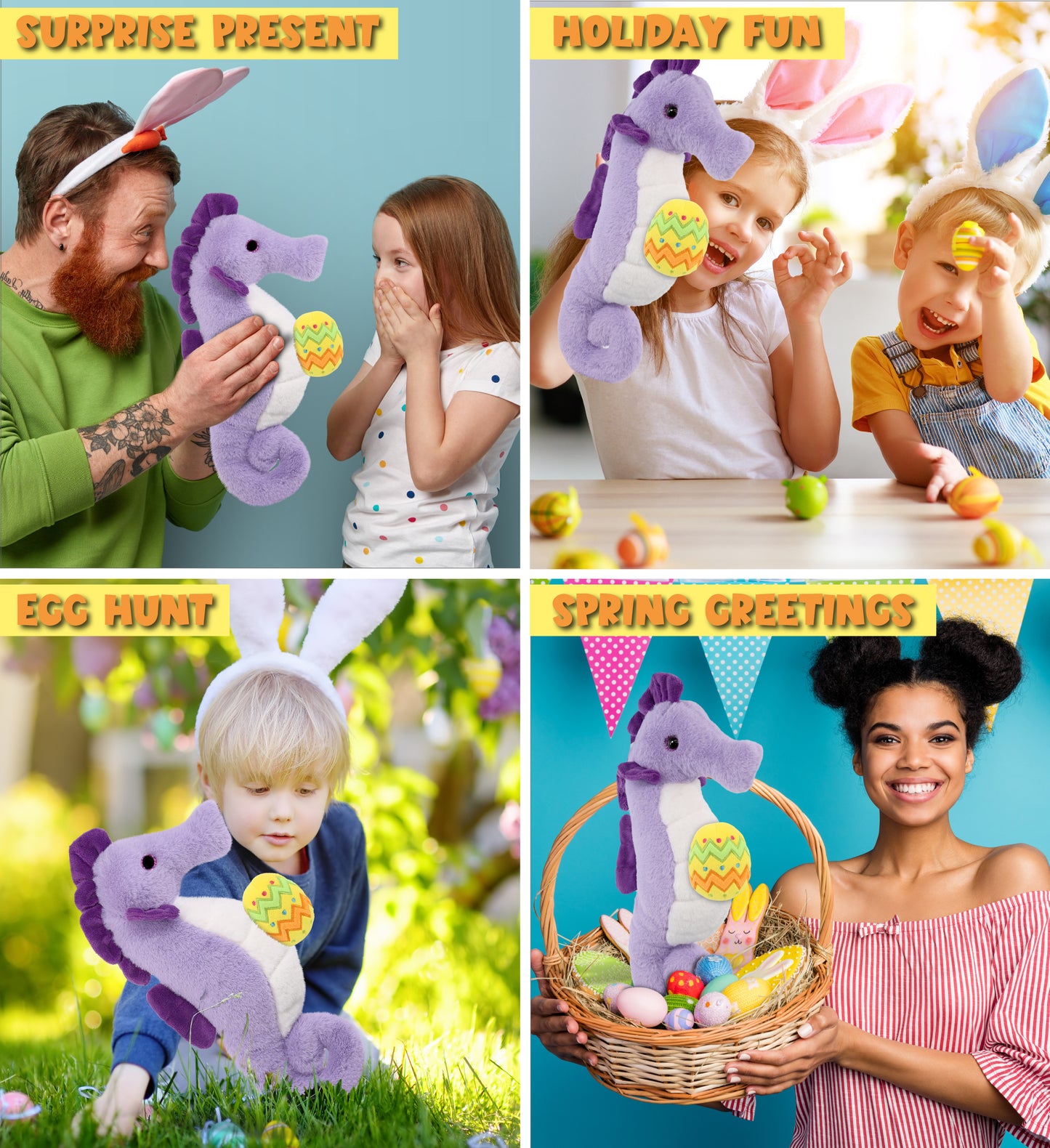 DolliBu Super Soft Purple Seahorse with Yellow Easter Egg Plush - 12 Inches