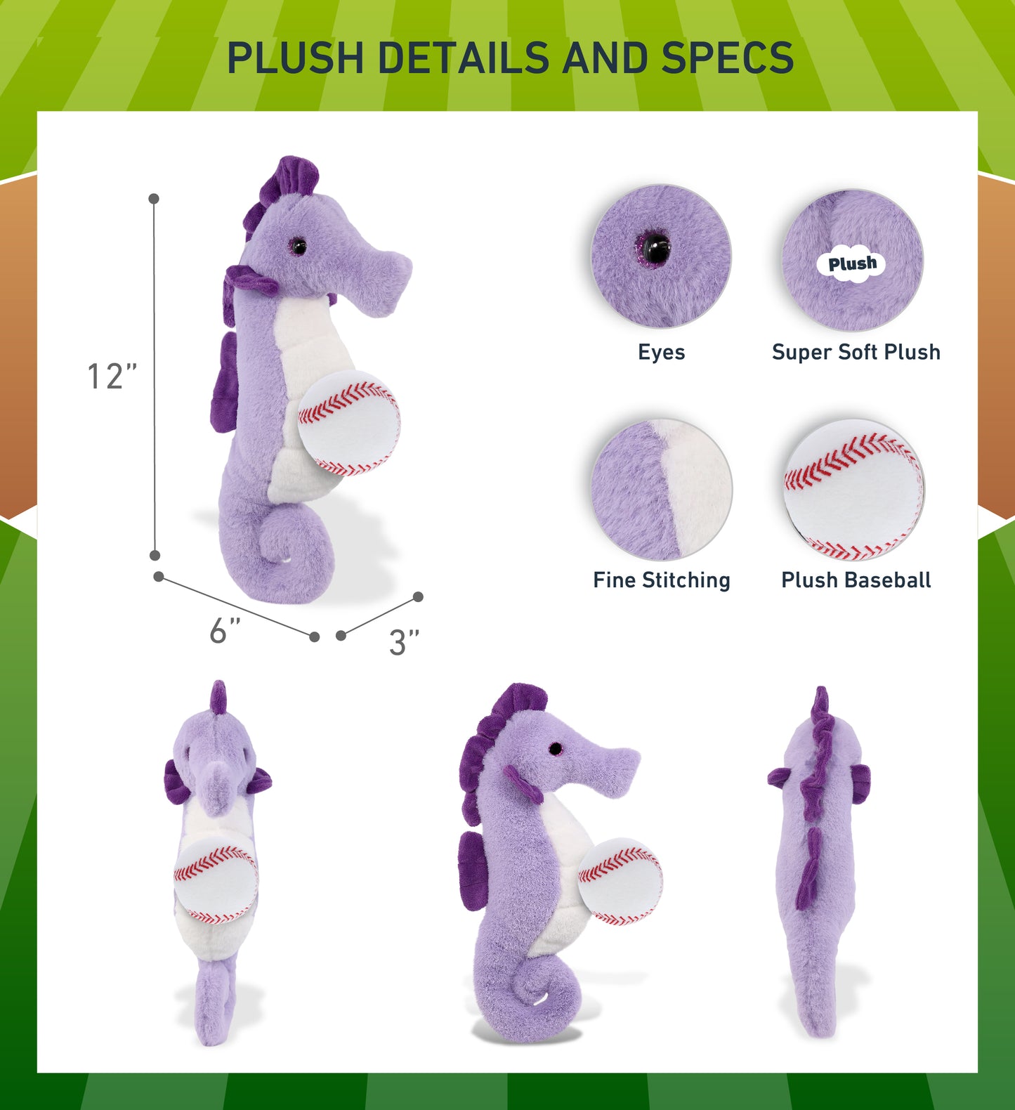 SUPER-SOFT PLUSH - PURPLE SEAHORSE 12" WITH BASEBALL PLUSH