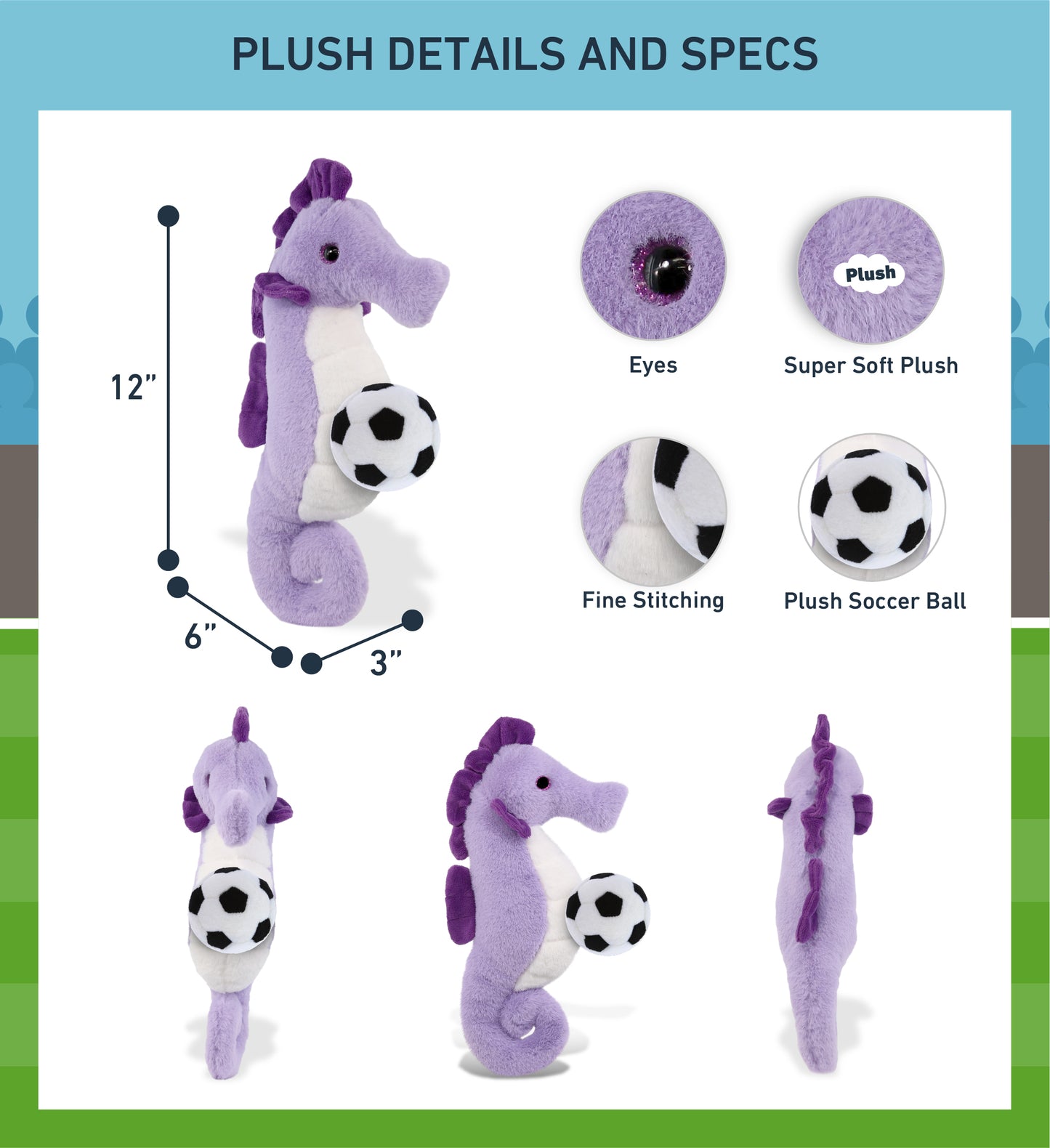 SUPER-SOFT PLUSH - PURPLE SEAHORSE 12" WITH SOCCER PLUSH