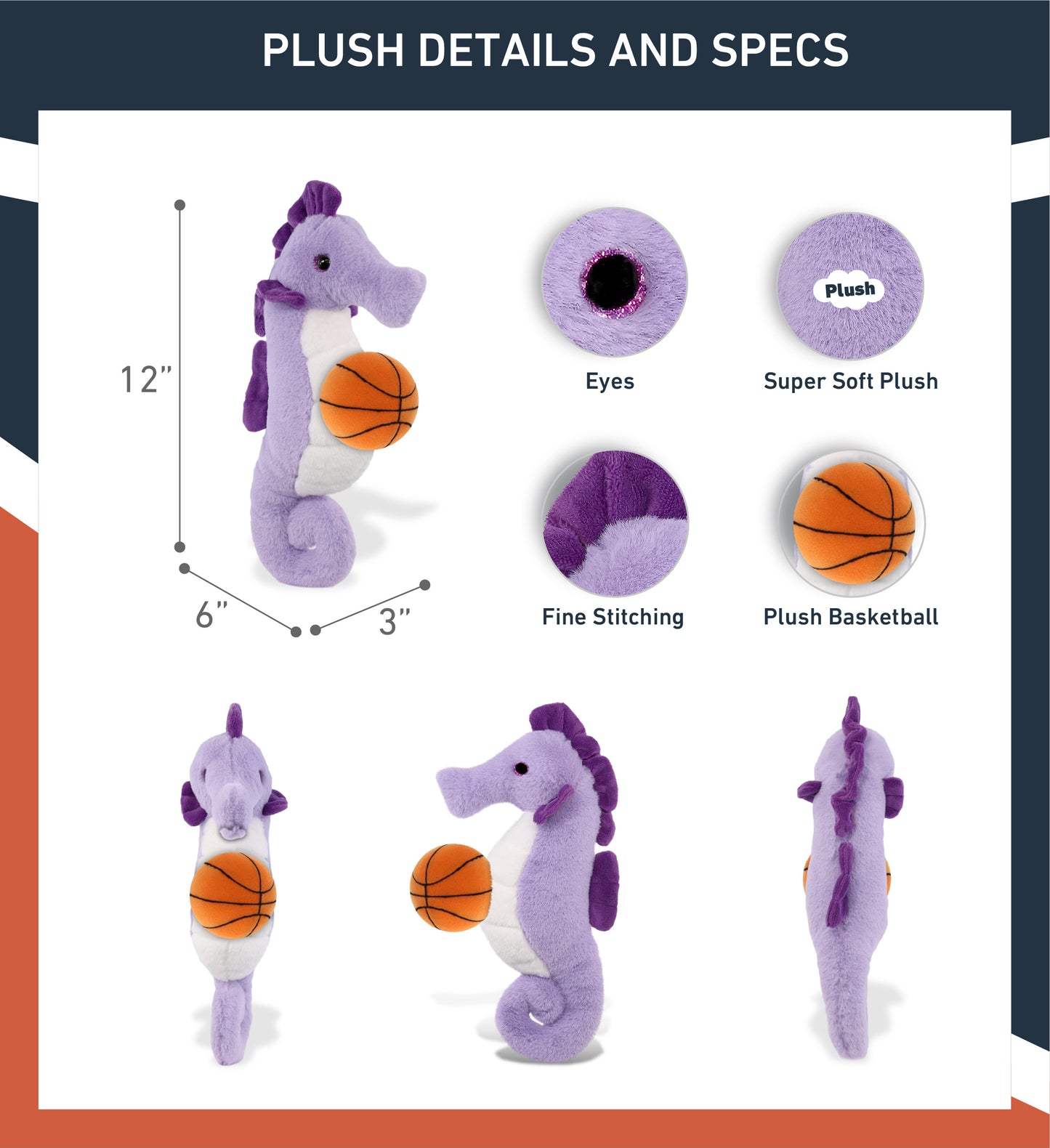 SUPER-SOFT PLUSH - PURPLE SEAHORSE 12" WITH BASKETBALL PLUSH