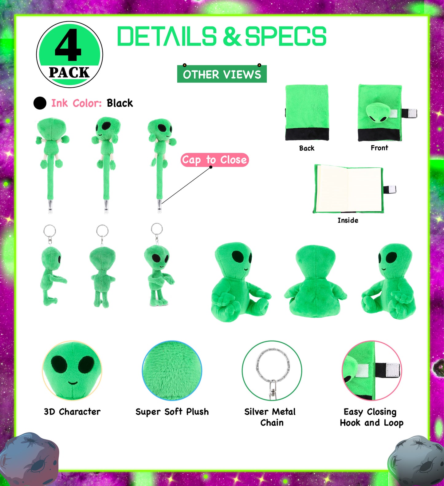 Plush -  Alien Plush Notebook, Pen, Keychain, and Plush Figure - Set of 4