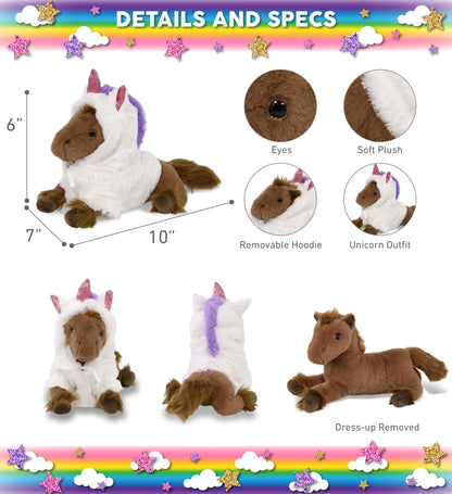SUPER-SOFT PLUSH - FANCY LAYING BROWN HORSE 10" WITH UNICORN DRESS UP