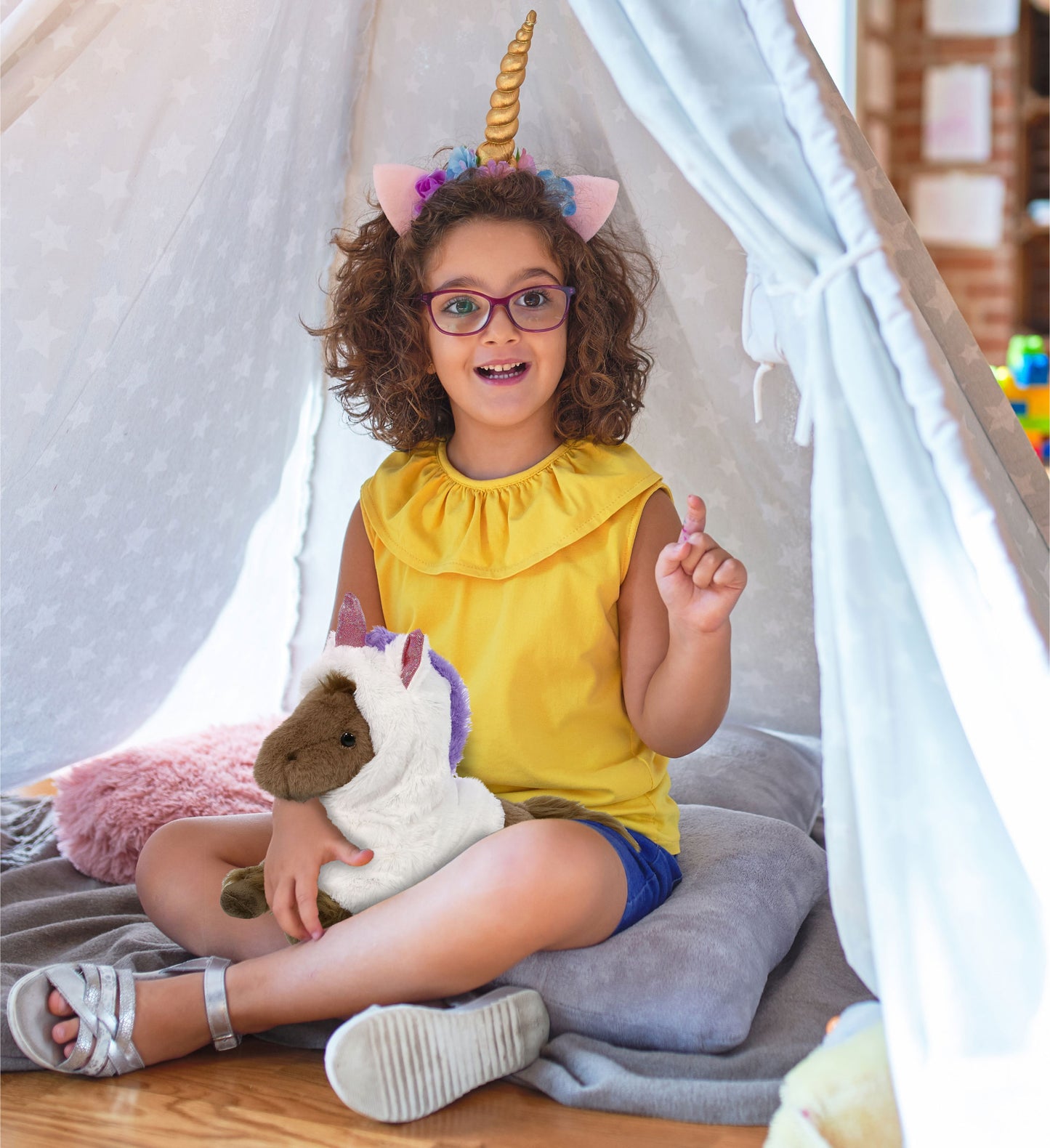 SUPER-SOFT PLUSH - FANCY LAYING BROWN HORSE 10" WITH UNICORN DRESS UP