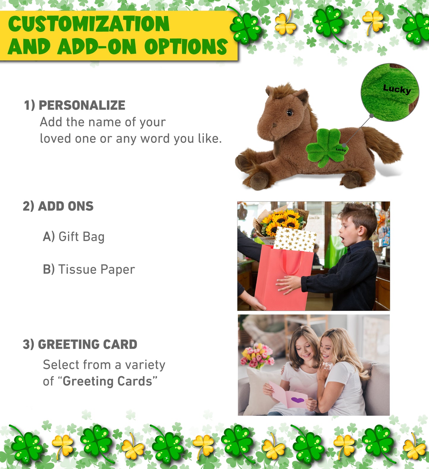 DolliBu Fancy Laying Brown Horse Plush with Green Plush Shamrock - 10 Inches