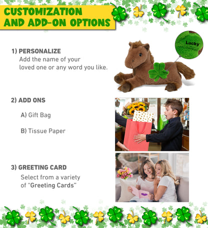 DolliBu Fancy Laying Brown Horse Plush with Green Plush Shamrock - 10 Inches
