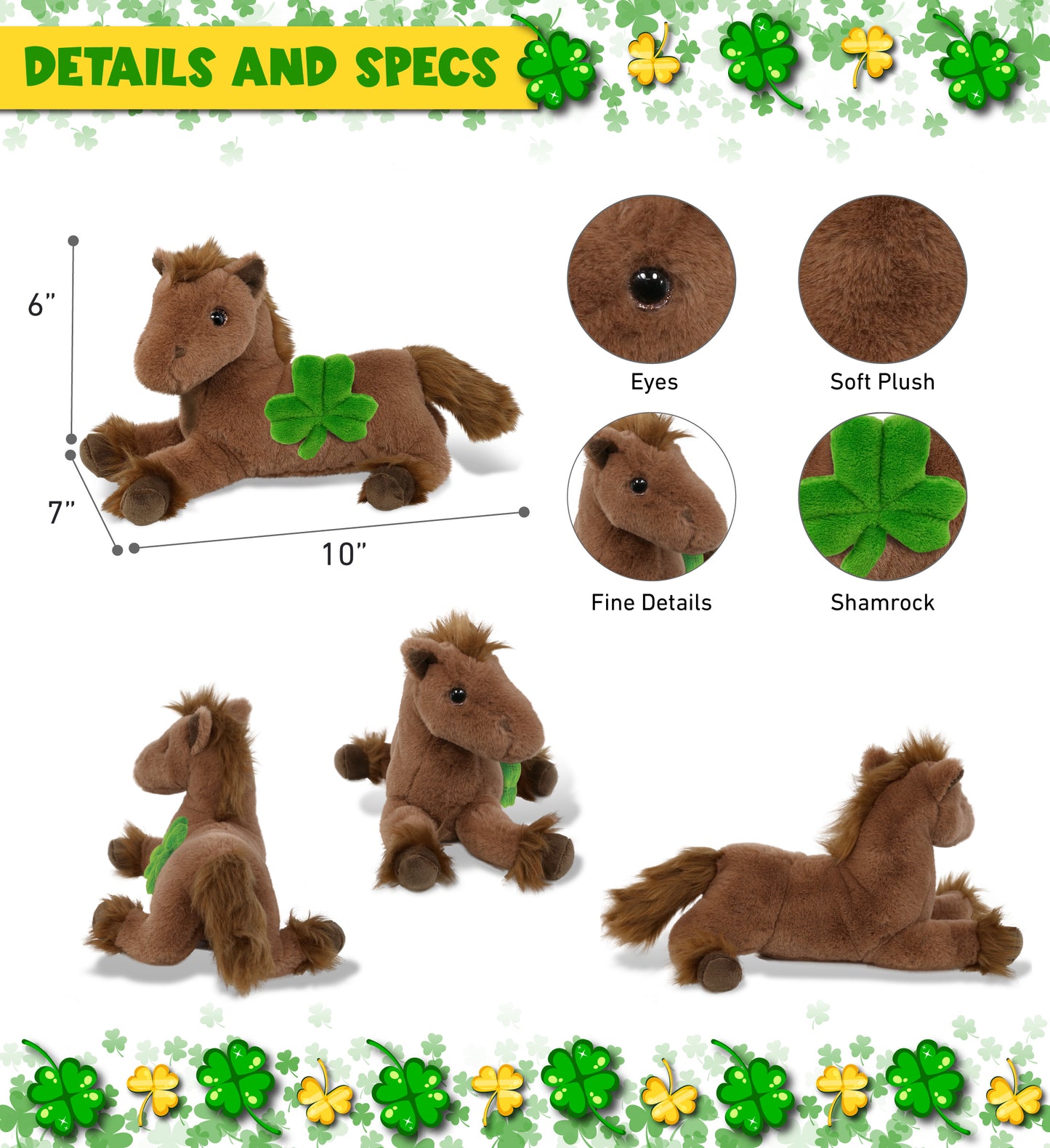 DolliBu Fancy Laying Brown Horse Plush with Green Plush Shamrock - 10 Inches