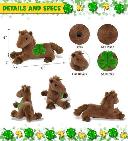 DolliBu Fancy Laying Brown Horse Plush with Green Plush Shamrock - 10 Inches