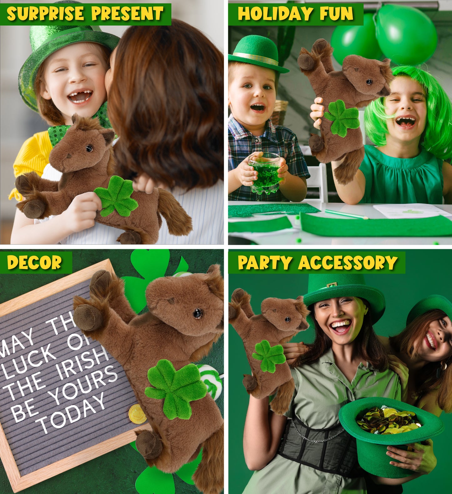 DolliBu Fancy Laying Brown Horse Plush with Green Plush Shamrock - 10 Inches