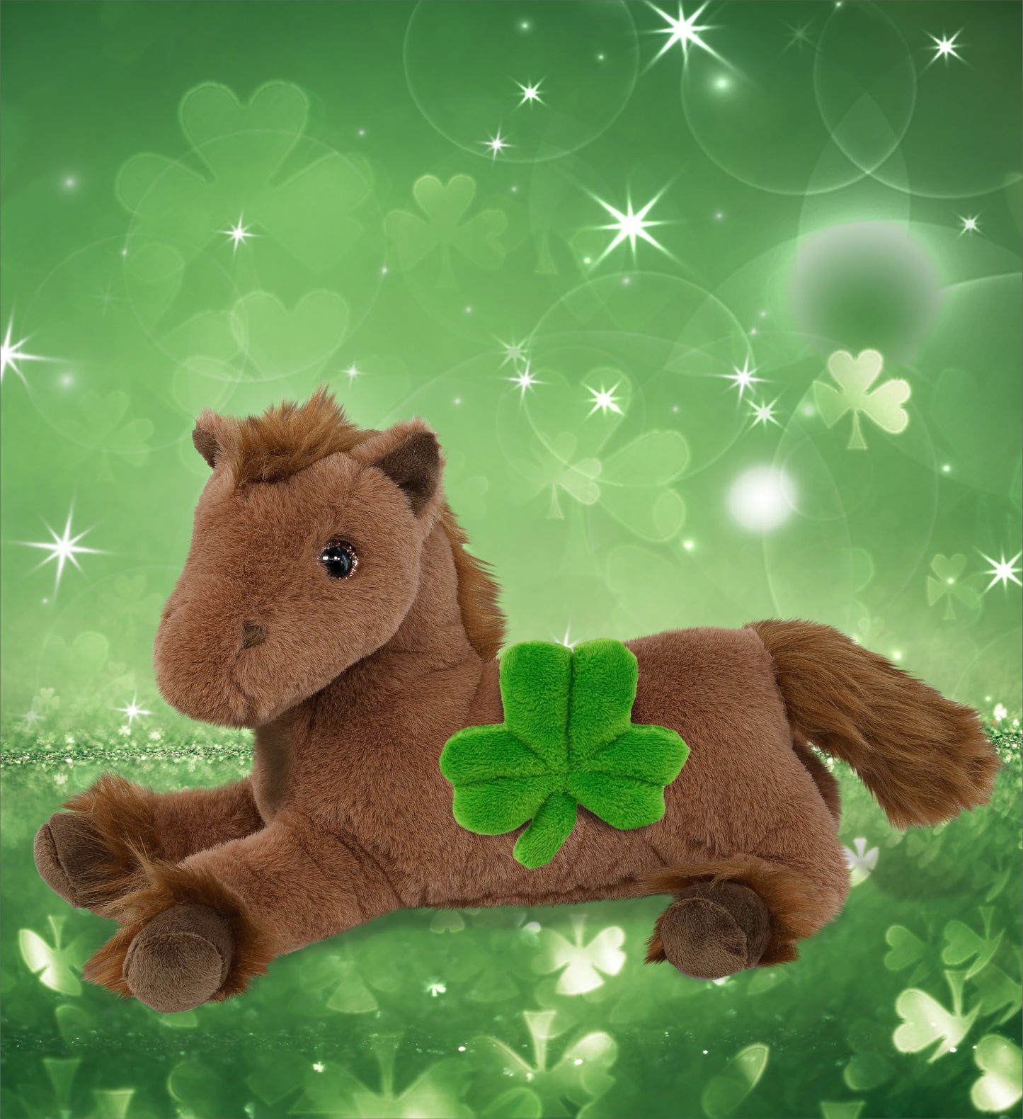 DolliBu Fancy Laying Brown Horse Plush with Green Plush Shamrock - 10 Inches