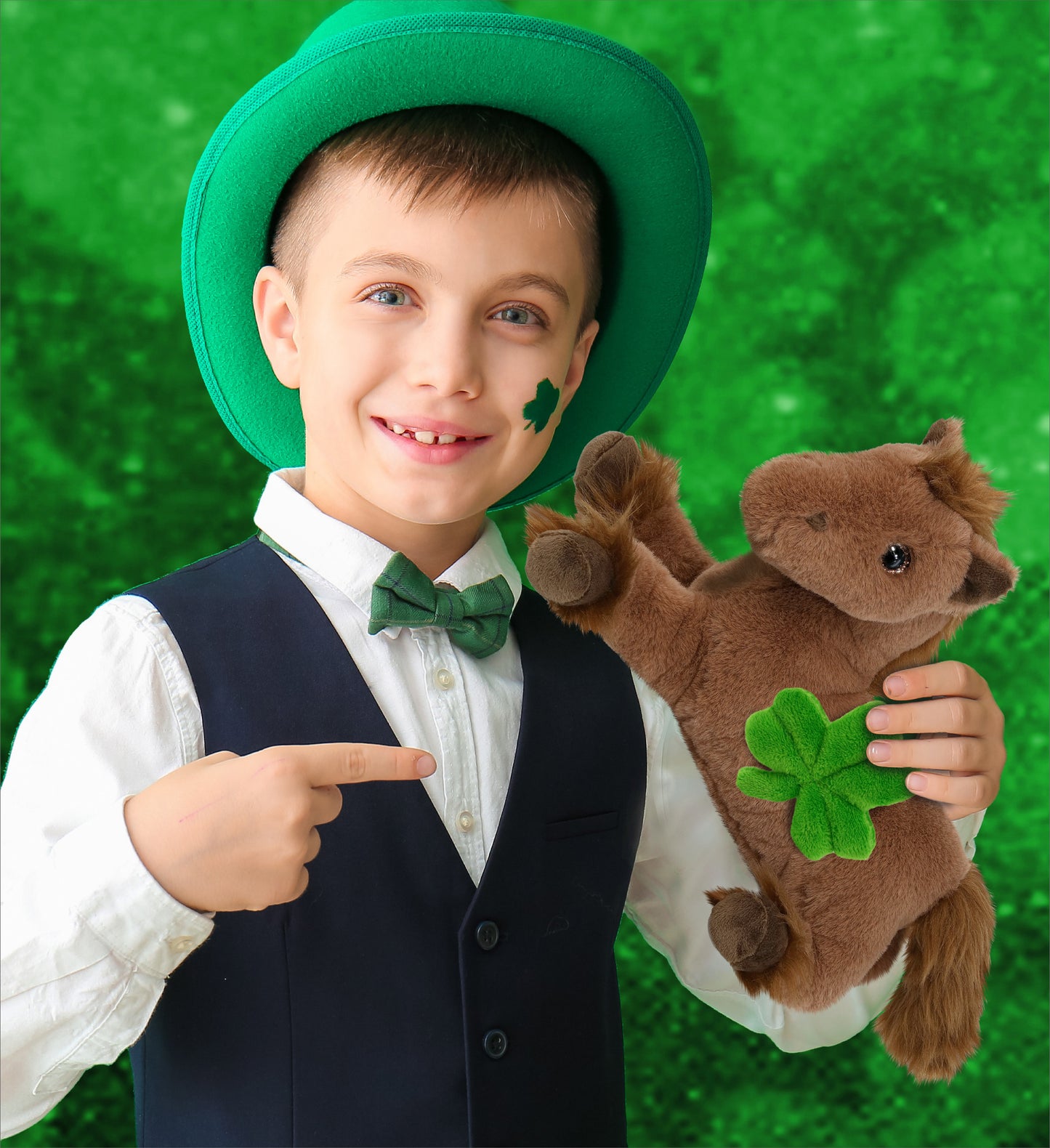 DolliBu Fancy Laying Brown Horse Plush with Green Plush Shamrock - 10 Inches